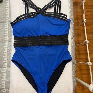 Blue and Black Women's One Piece Swimsuit